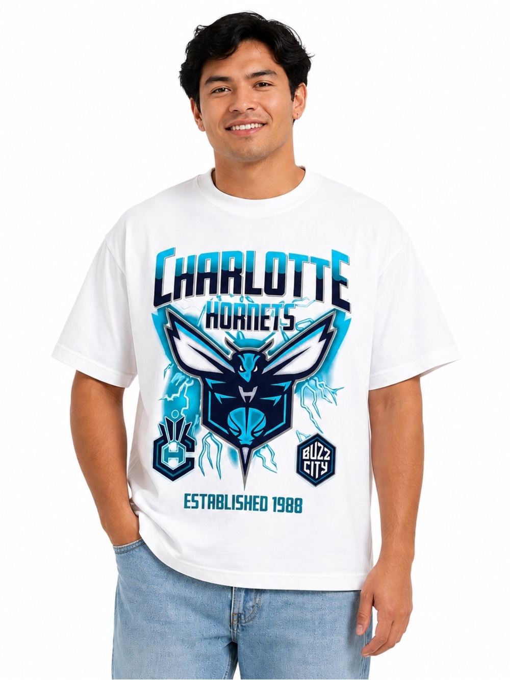 NBA Charlotte Hornets Graphic T-Shirt Men’s Large White Boxy Fit 100% Cotton NWT